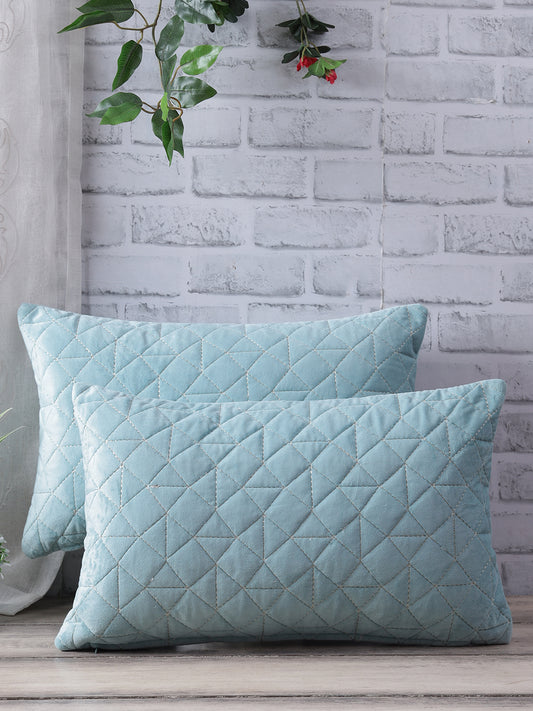 Eyda Super Soft Velvet Aqua Color Set of 2 Quilted Cushion Cover-12x20 Inch