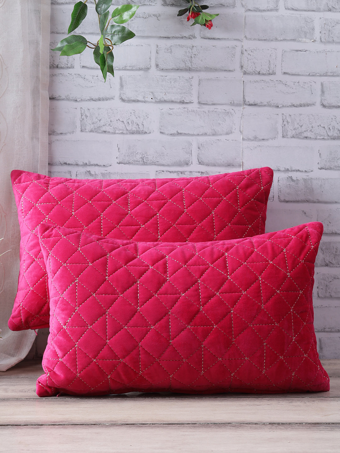 Eyda Super Soft Velvet Fuchsia Color Set of 2 Quilted Cushion Cover-12x20 Inch