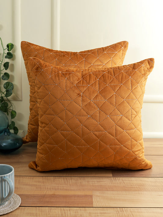 Eyda Super Soft Velvet Rust Color Set of 2 Quilted Cushion Cover-18x18 Inch