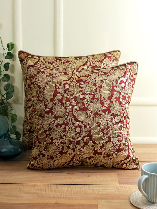 Eyda Red and Gold Embellished Set of 2 Cushion Cover-18x18 Inch
