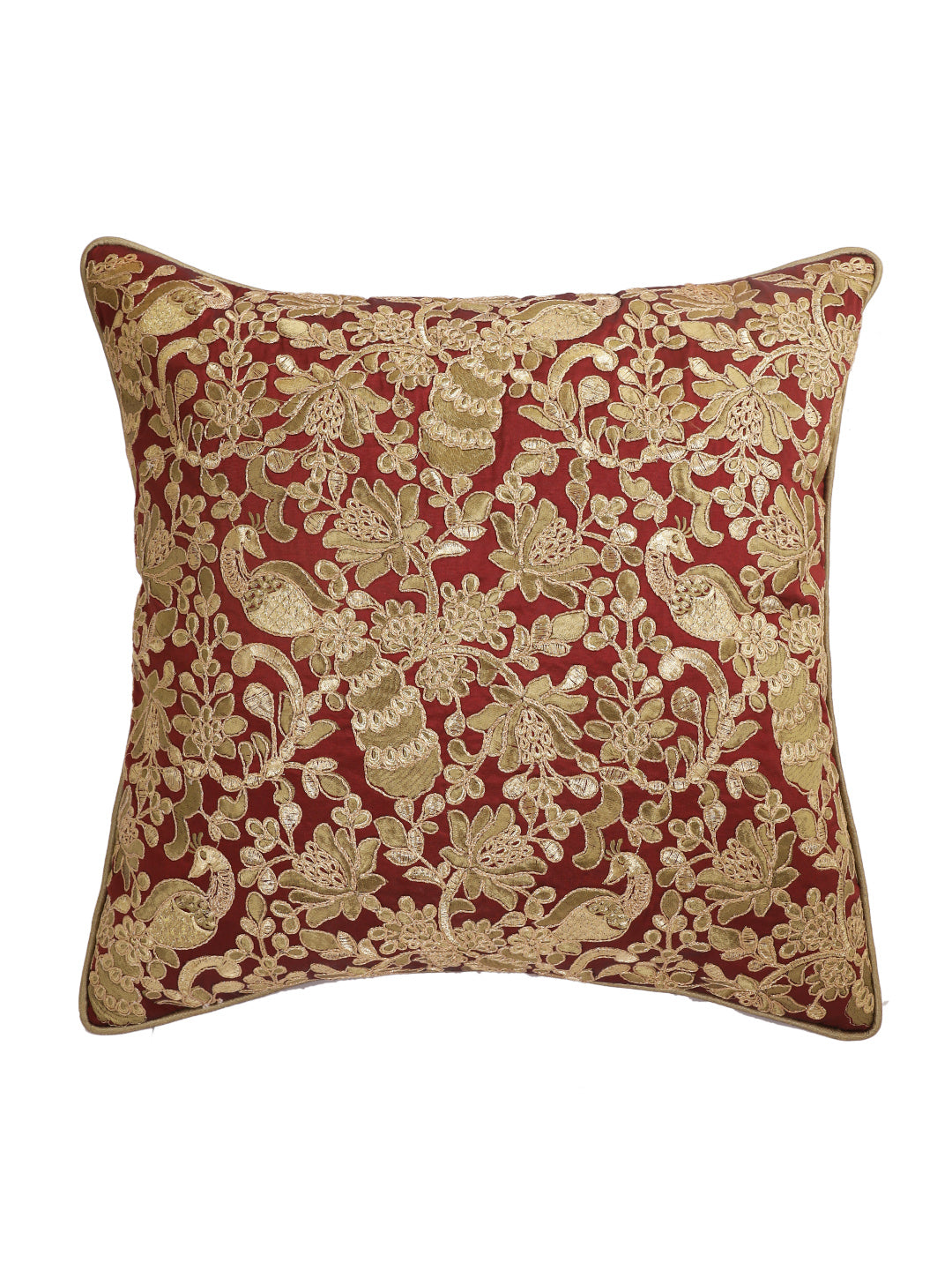 Eyda Red and Gold Embellished Set of 2 Cushion Cover-18x18 Inch