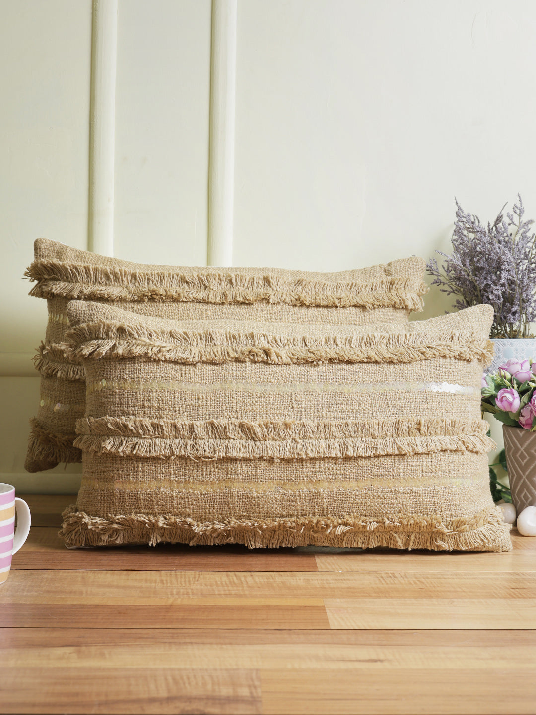 Eyda Set of 2 Khaki Color Cotton Cushion Cover-12x20 Inch