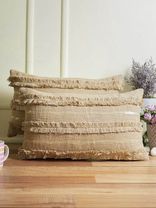 Eyda Set of 2 Khaki Color Cotton Cushion Cover-12x20 Inch