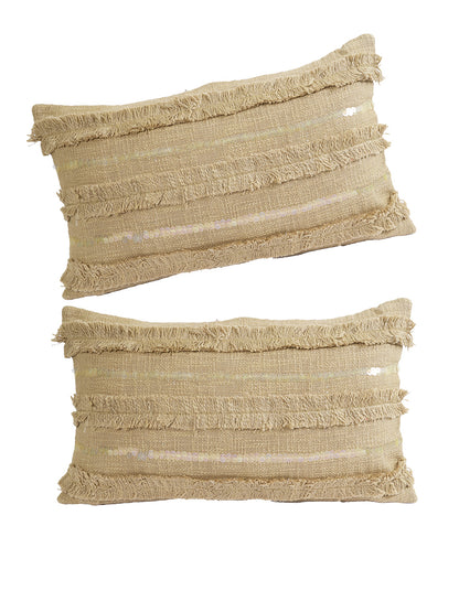 Eyda Set of 2 Khaki Color Cotton Cushion Cover-12x20 Inch