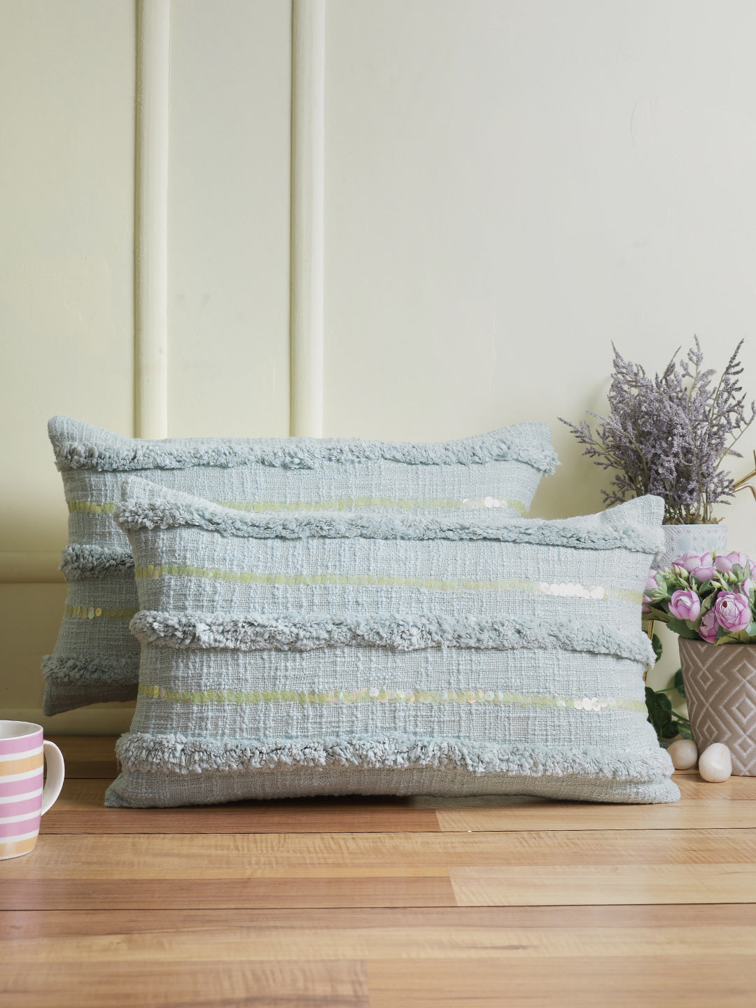 Eyda Set of 2 Sky Blue Color Cotton Cushion Cover-12x20 Inch
