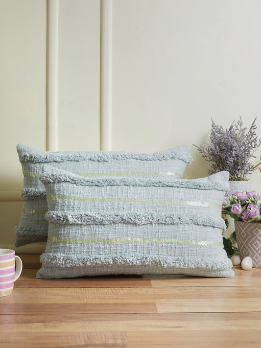 Eyda Set of 2 Sky Blue Color Cotton Cushion Cover-12x20 Inch