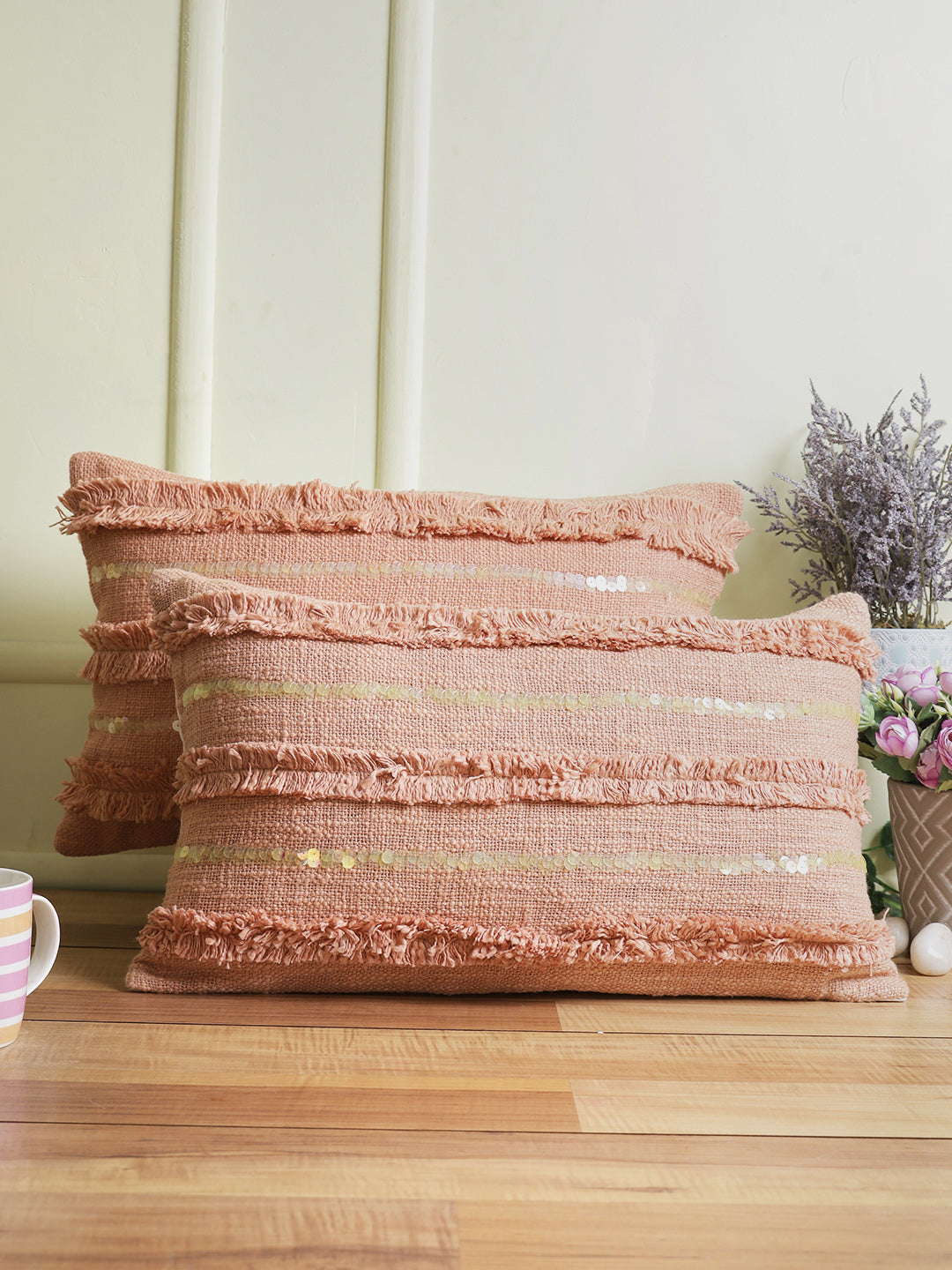 Eyda Set of 2 Peach Color Cotton Cushion Cover-12x20 Inch