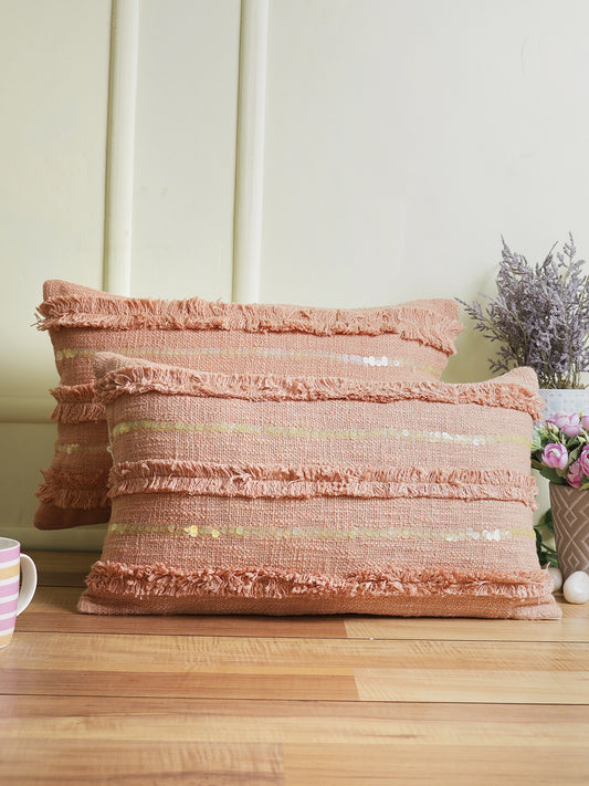 Eyda Set of 2 Peach Color Cotton Cushion Cover-12x20 Inch