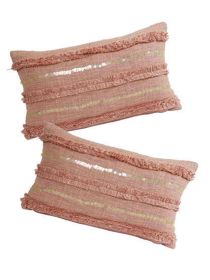 Eyda Set of 2 Peach Color Cotton Cushion Cover-12x20 Inch