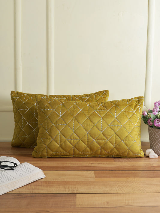 Eyda Super Soft Olive Green Color Set of 2 Quilted Cushion Cover-12x20 Inch