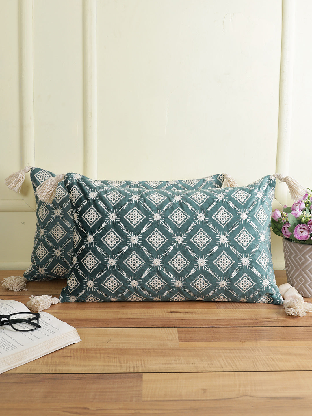 Eyda Super Soft Green Color Set of 2 Embroidered Cushion Cover-12x20 Inch