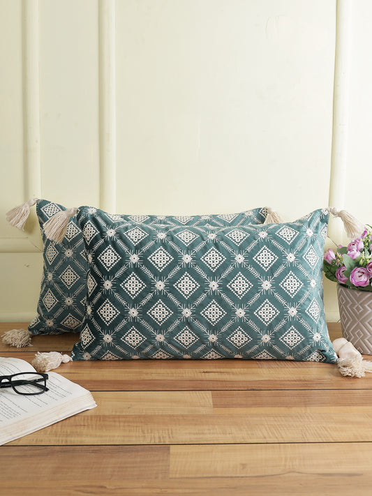Eyda Super Soft Green Color Set of 2 Embroidered Cushion Cover-12x20 Inch