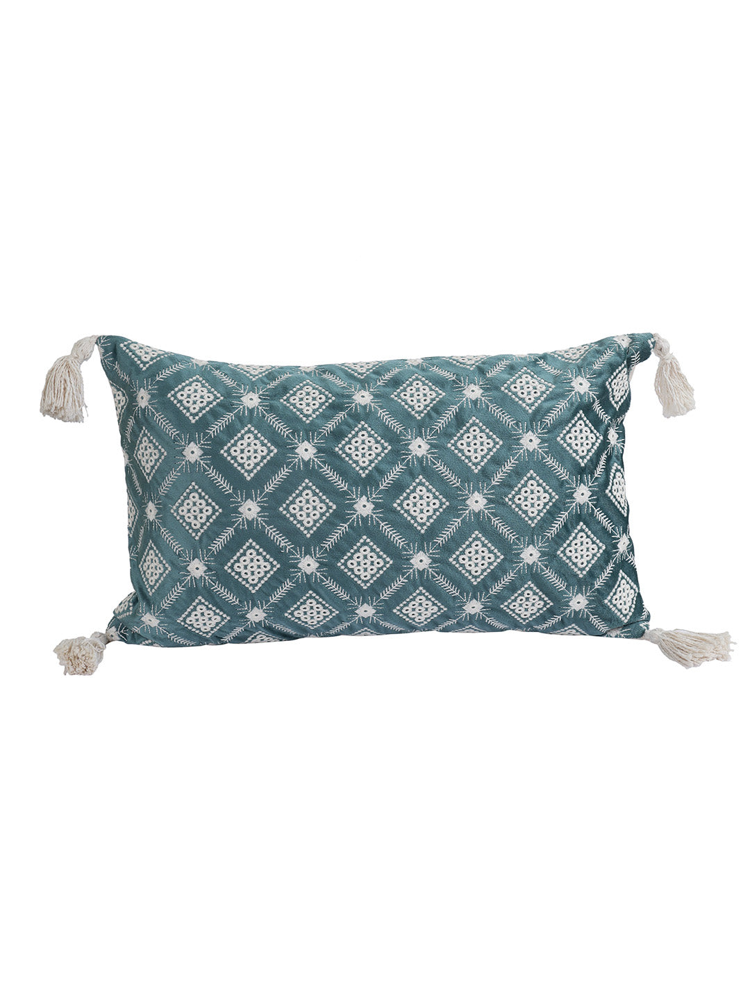 Eyda Super Soft Green Color Set of 2 Embroidered Cushion Cover-12x20 Inch