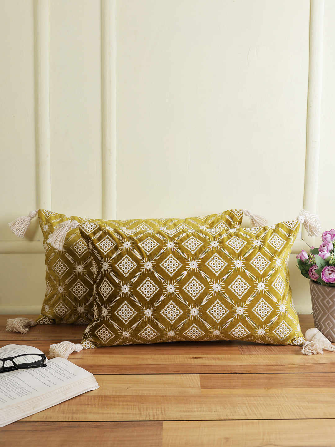 Eyda Super Soft Green Color Set of 2 Embroidered Cushion Cover-12x20 Inch