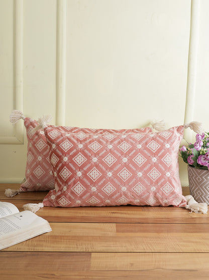 Eyda Super Soft Pink Color Set of 2 Embroidered Cushion Cover-12x20 Inch