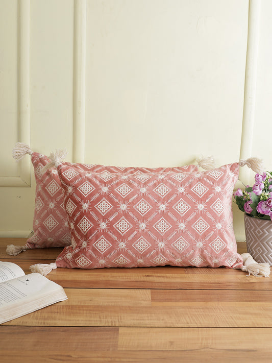 Eyda Super Soft Pink Color Set of 2 Embroidered Cushion Cover-12x20 Inch