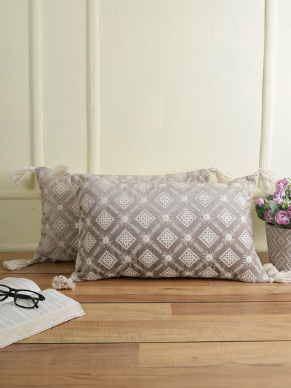 Eyda Super Soft Grey Color Set of 2 Embroidered Cushion Cover-12x20 Inch