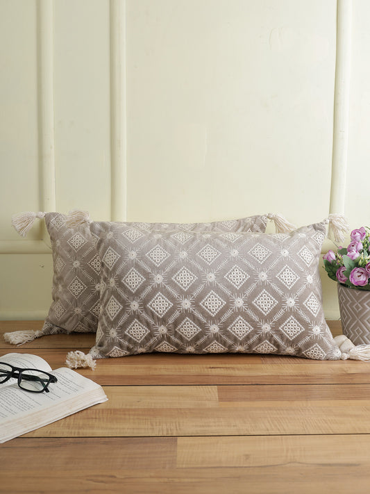 Eyda Super Soft Grey Color Set of 2 Embroidered Cushion Cover-12x20 Inch
