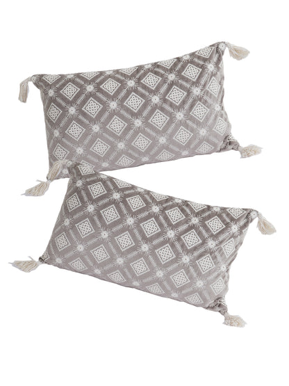 Eyda Super Soft Grey Color Set of 2 Embroidered Cushion Cover-12x20 Inch