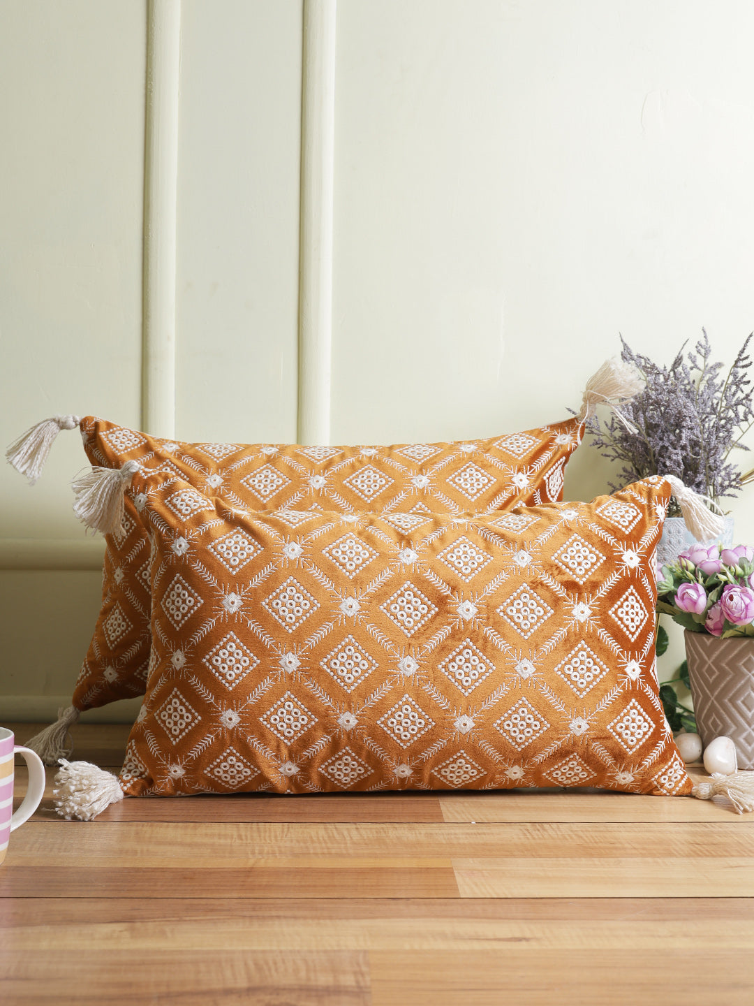 Eyda Super Soft Rust Color Set of 2 Embroidered Cushion Cover-12x20 Inch