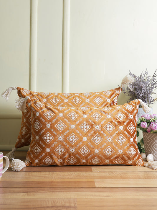 Eyda Super Soft Rust Color Set of 2 Embroidered Cushion Cover-12x20 Inch