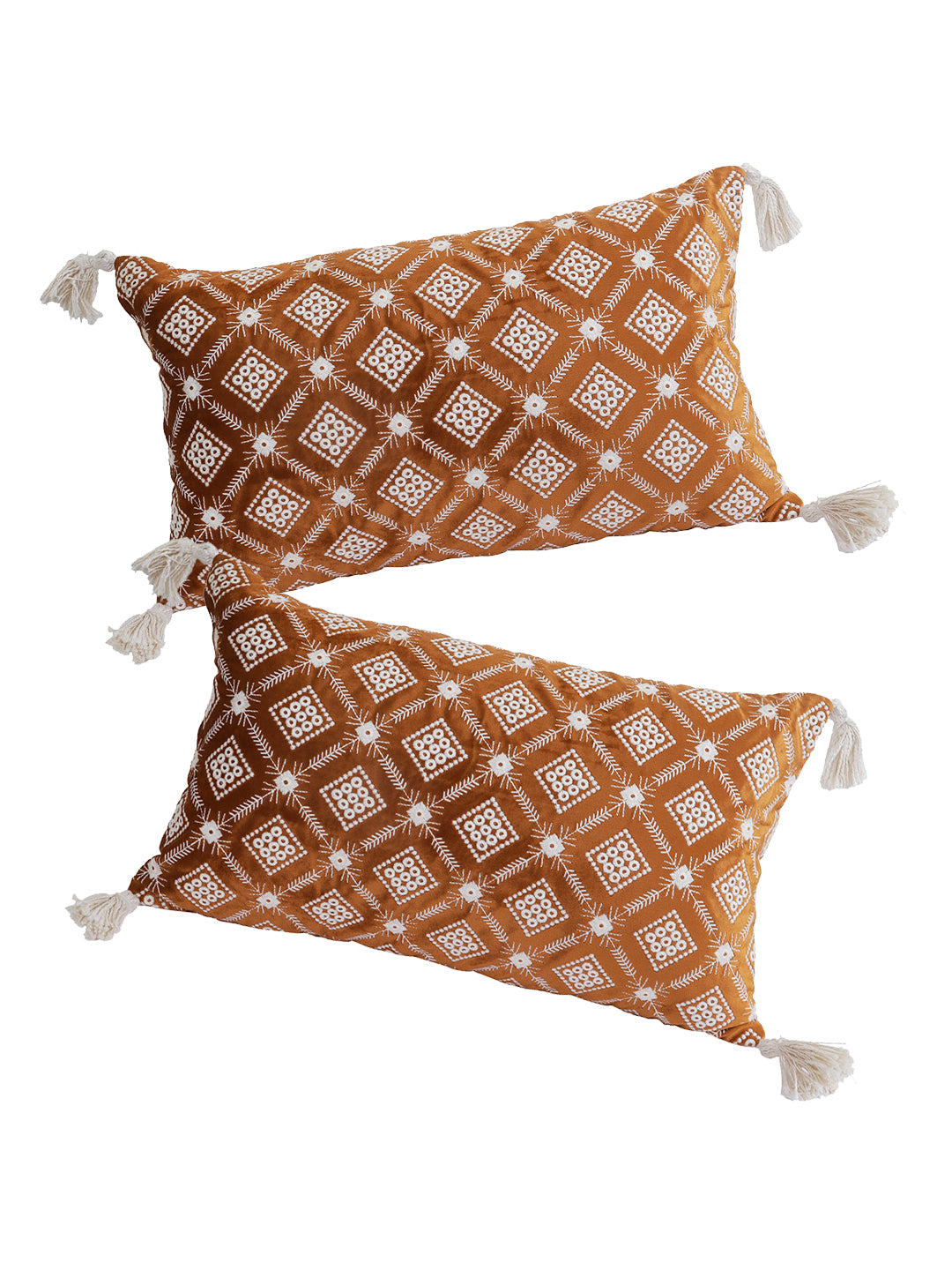 Eyda Super Soft Rust Color Set of 2 Embroidered Cushion Cover-12x20 Inch