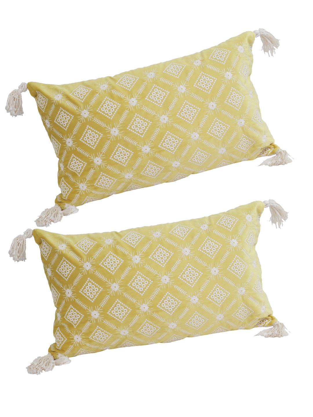 Eyda Super Soft Yellow Color Set of 2 Embroidered Cushion Cover-12x20 Inch