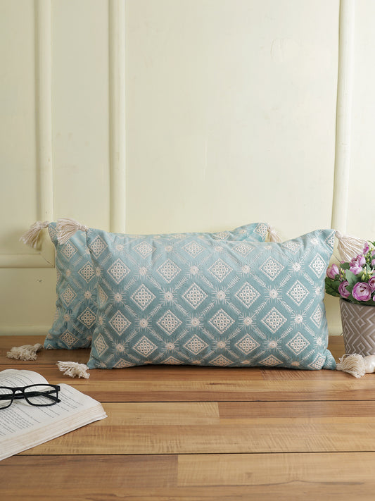 Eyda Super Soft Turquoise Blue Color Set of 2 Embroidered Cushion Cover-12x20 Inch