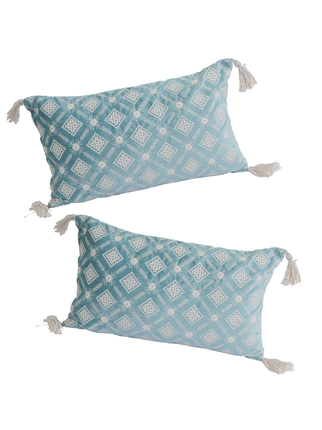 Eyda Super Soft Turquoise Blue Color Set of 2 Embroidered Cushion Cover-12x20 Inch