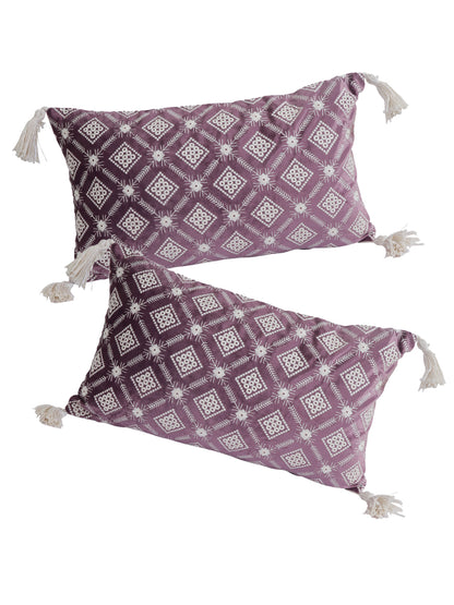 Eyda Super Soft Purple Color Set of 2 Embroidered Cushion Cover-12x20 Inch