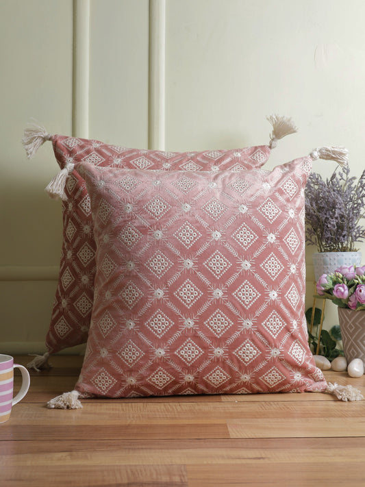 Eyda Super Soft Pink Color Set of 2 Embroidered Cushion Cover-18x18 Inch