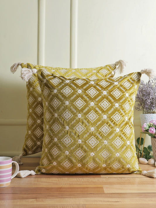 Eyda Super Soft Green Color Set of 2 Embroidered Cushion Cover-18x18 Inch