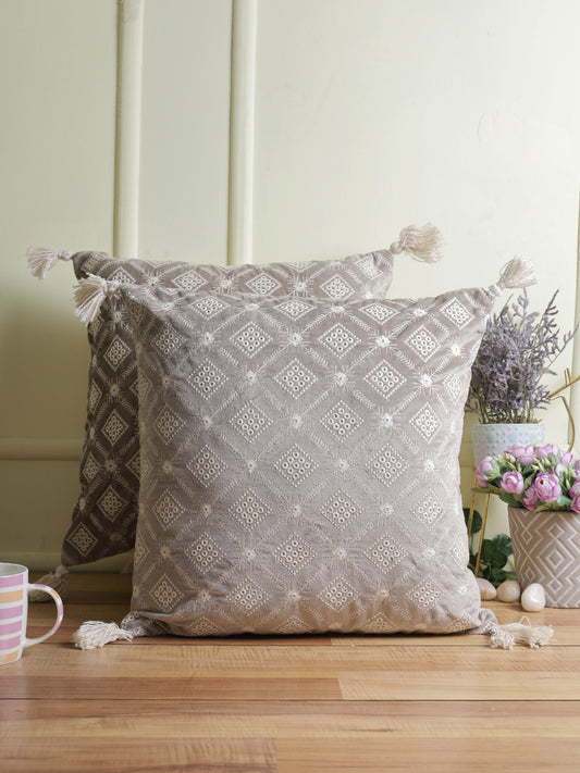 Eyda Super Soft Grey Color Set of 2 Embroidered Cushion Cover-18x18 Inch