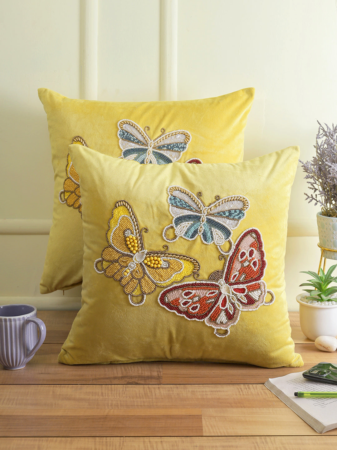 Eyda Velvet Yellow Color Beaded Sequin Set of 2 Cushion Cover-18x18 Inch