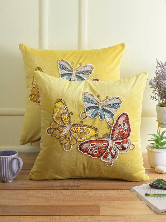 Eyda Velvet Yellow Color Beaded Sequin Set of 2 Cushion Cover-18x18 Inch