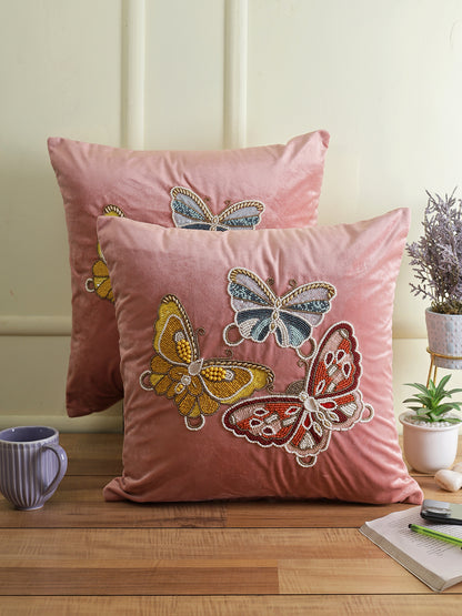 Eyda Velvet Pink Color Beaded Sequin Set of 2 Cushion Cover-18x18 Inch