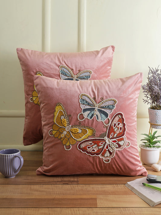 Eyda Velvet Pink Color Beaded Sequin Set of 2 Cushion Cover-18x18 Inch
