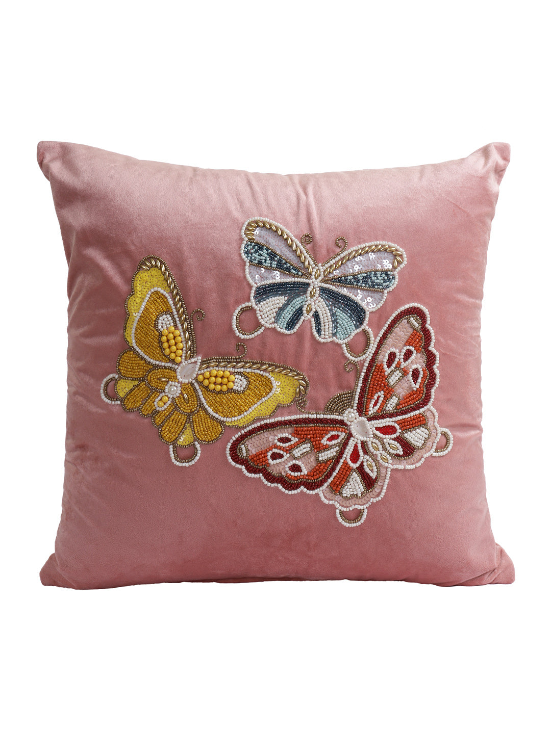Eyda Velvet Pink Color Beaded Sequin Set of 2 Cushion Cover-18x18 Inch