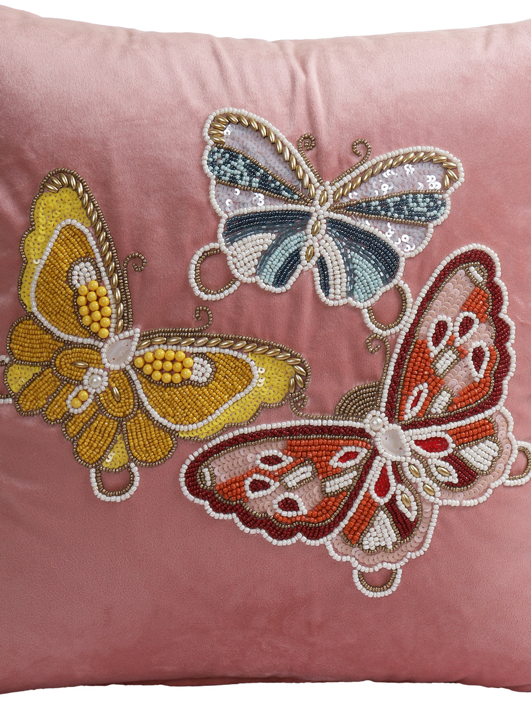 Eyda Velvet Pink Color Beaded Sequin Set of 2 Cushion Cover-18x18 Inch