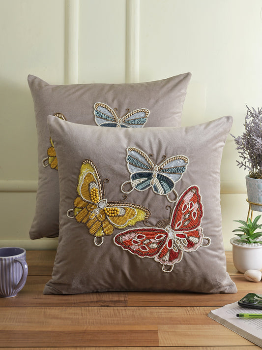 Eyda Velvet Grey Color Beaded Sequin Set of 2 Cushion Cover-18x18 Inch