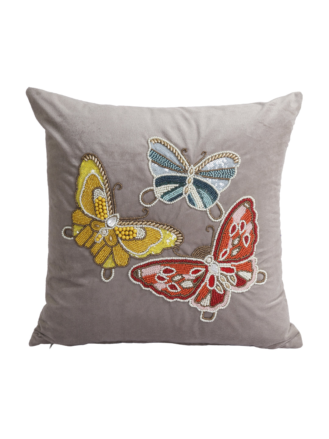 Eyda Velvet Grey Color Beaded Sequin Set of 2 Cushion Cover-18x18 Inch
