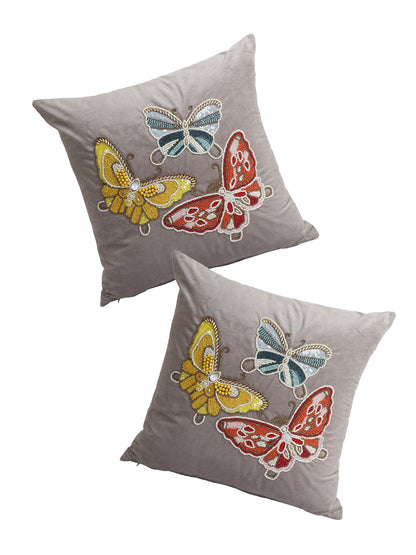 Eyda Velvet Grey Color Beaded Sequin Set of 2 Cushion Cover-18x18 Inch