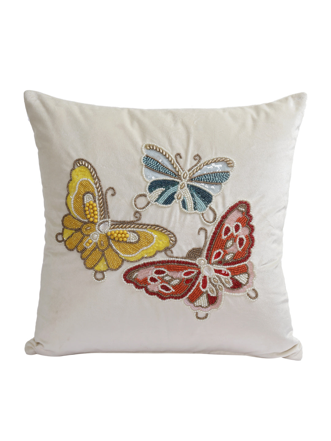 Eyda Velvet White Color Beaded Sequin Set of 2 Cushion Cover-18x18 Inch