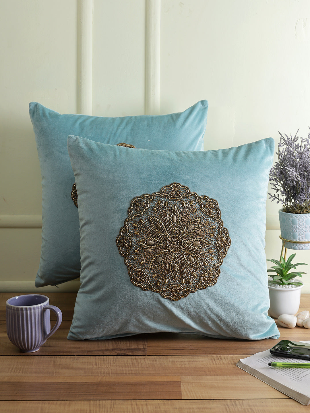 Eyda Velvet Aqua Color Beaded Cushion Cover Set of 2-18x18 Inch