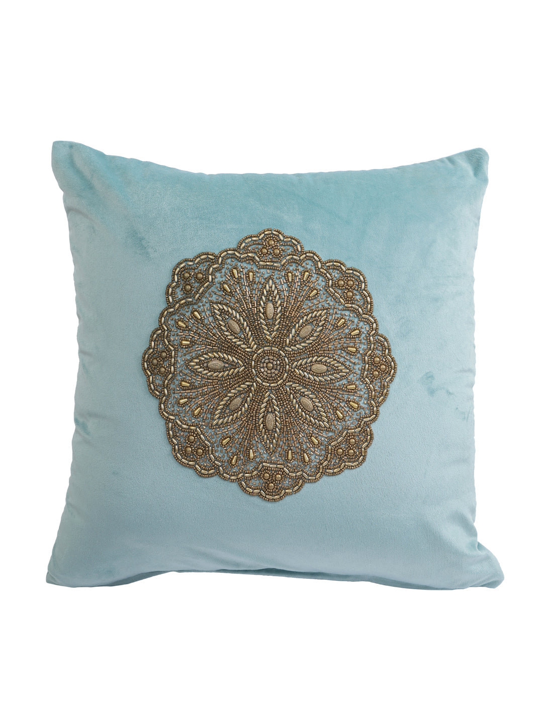Eyda Velvet Aqua Color Beaded Cushion Cover Set of 2-18x18 Inch
