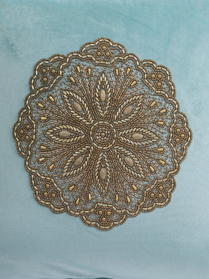 Eyda Velvet Aqua Color Beaded Cushion Cover Set of 2-18x18 Inch