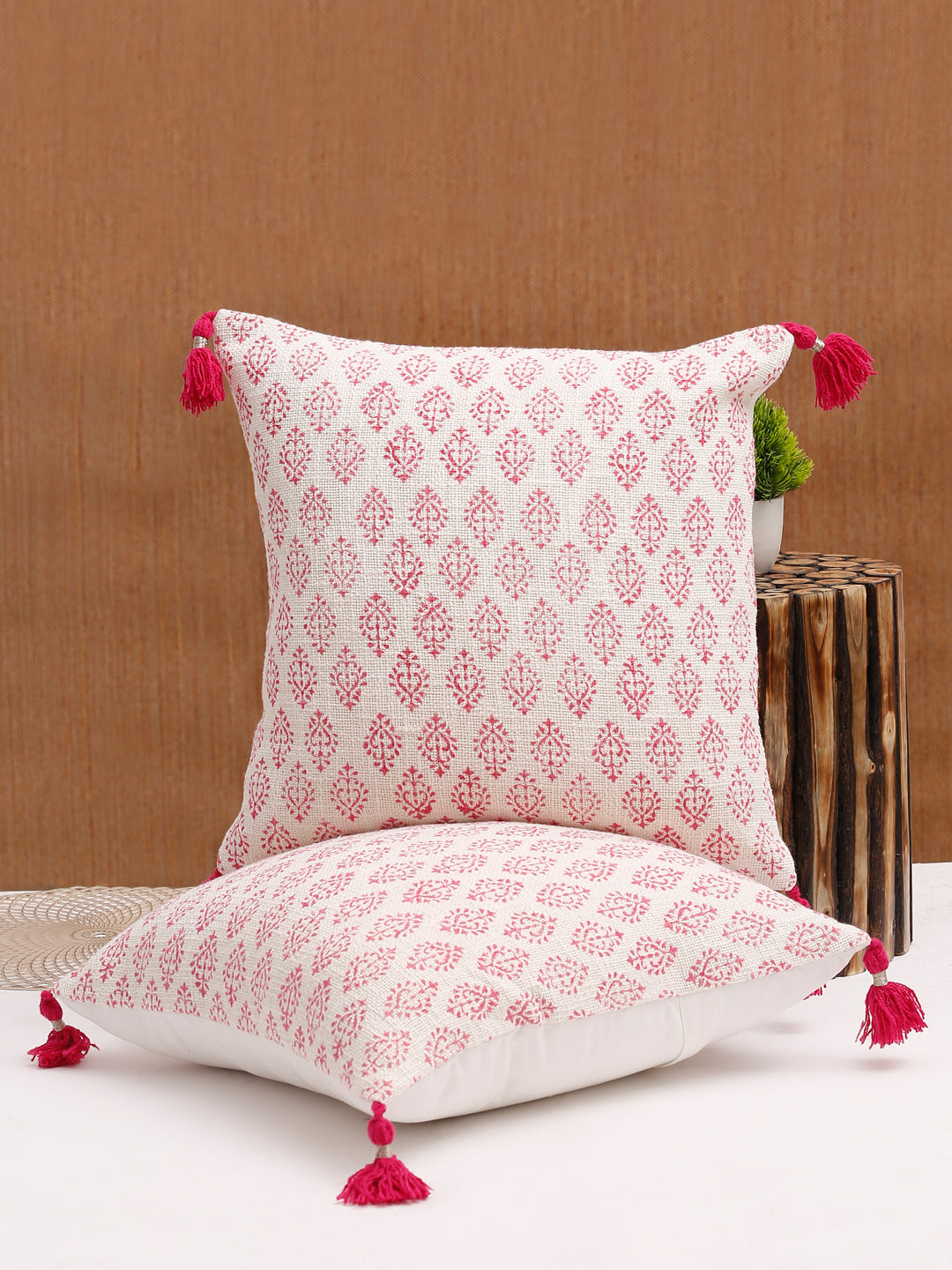 Hand Block Pink Color Cushion Cover set of 2 (18x18 Inch)