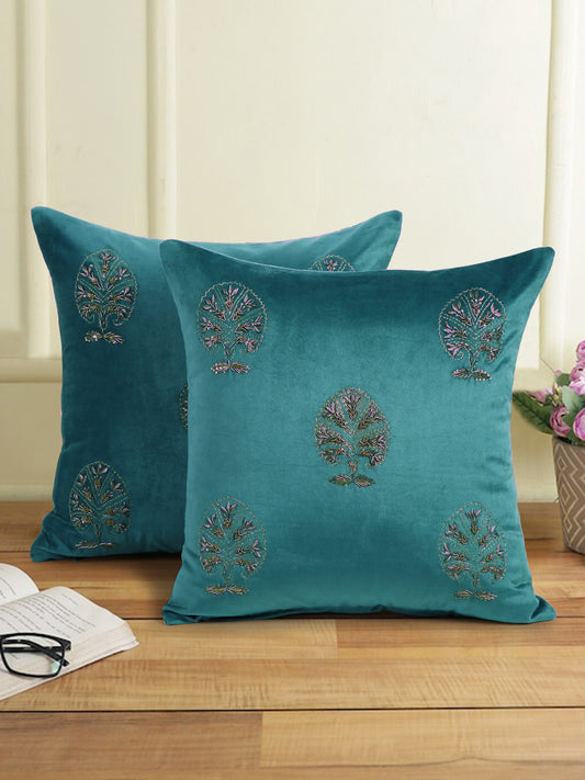 Velvet Hand Work Cushion Cover Set of 2 (18x18 Inch)