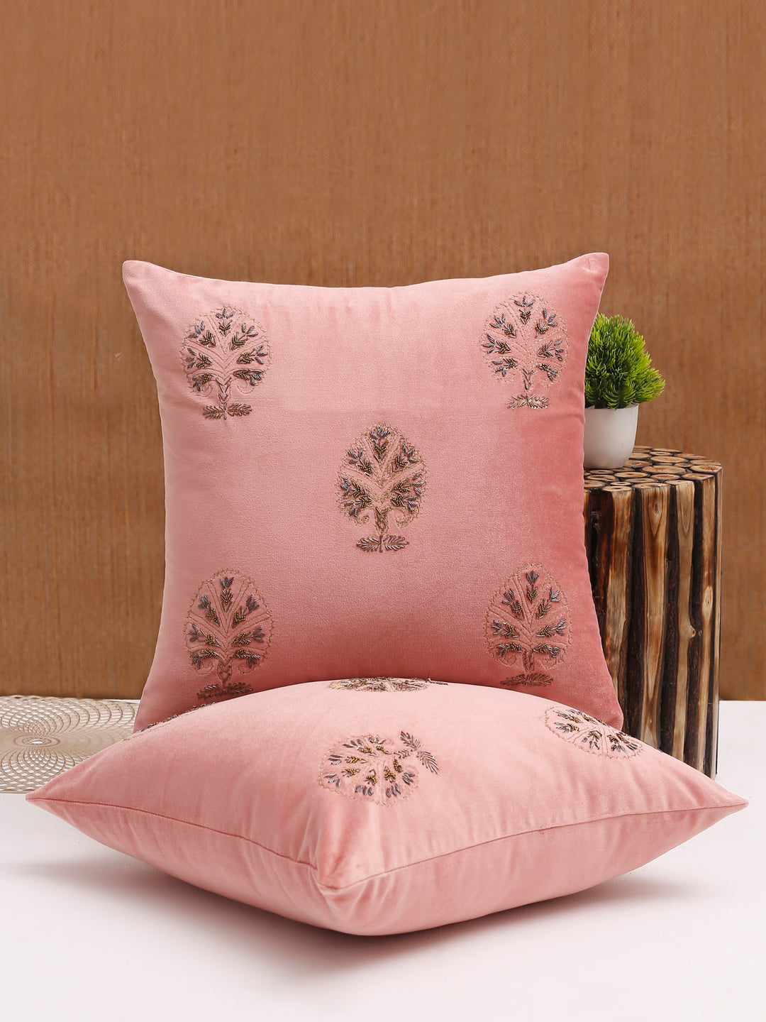 Pink Color Velvet Hand Work Cushion Cover Set of 2 (18x18 Inch)