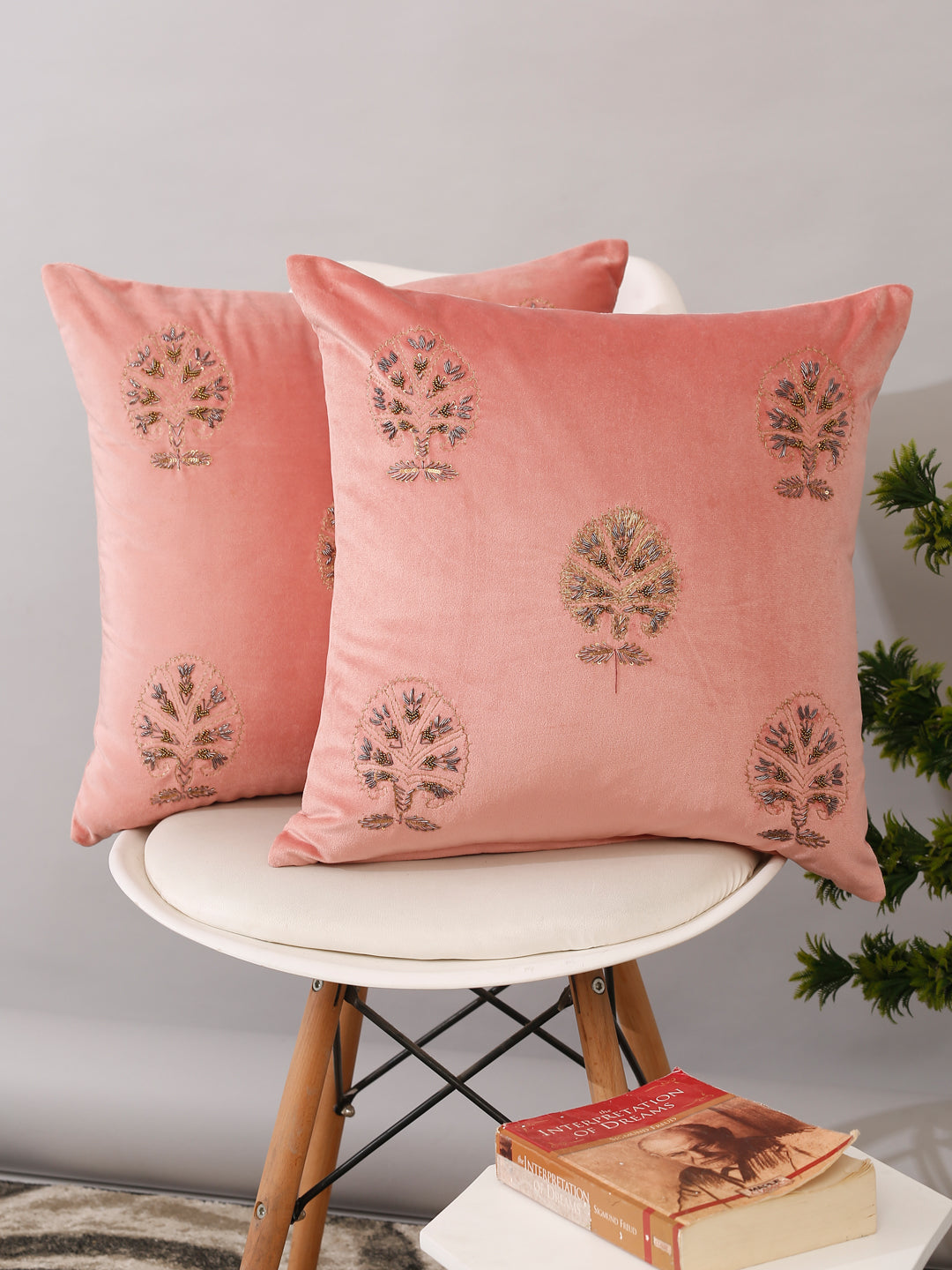 Pink Color Velvet Hand Work Cushion Cover Set of 2 (18x18 Inch)